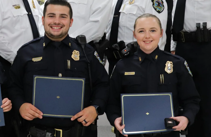 Officers Patrick Magliocco and Maegan Hall receiving Community Service Awards from the department in 2021.
La Vergne Police Department.  Married police officer fired for sleeping with more than half of the department, some while on duty