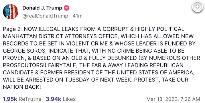 Donald Trump says he will be arrested Tuesday